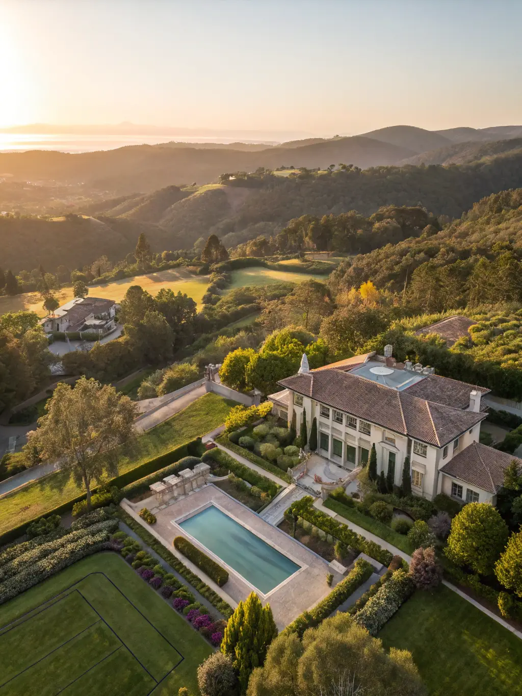 A luxury villa in Morges with a swimming pool and lake view, emphasizing its spacious outdoor area and elegant design.