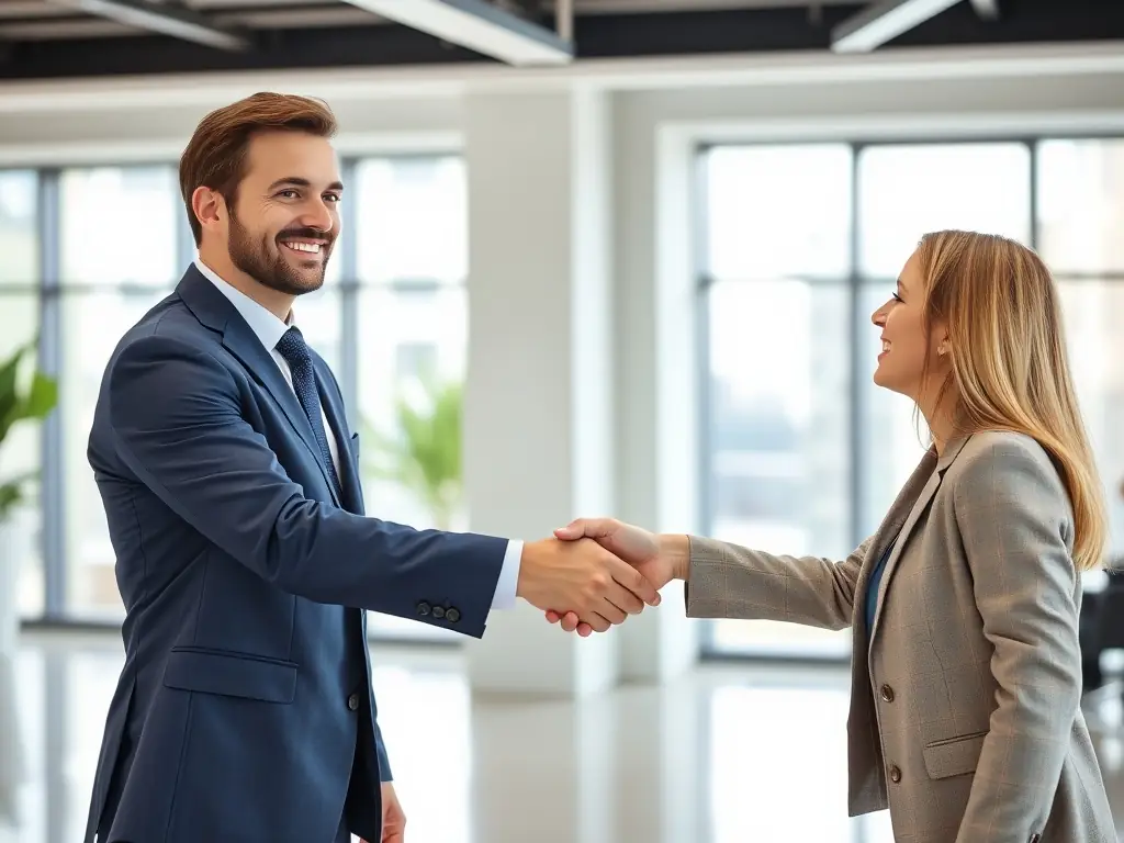A real estate agent shaking hands with a client in a modern office setting, symbolizing trust and partnership in property sales.