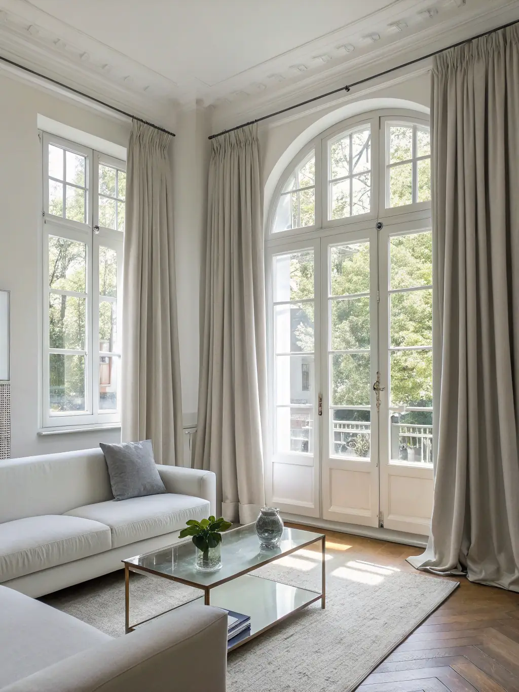 A modern apartment in Lausanne with large windows and a view of the city, showcasing its bright and airy living space.