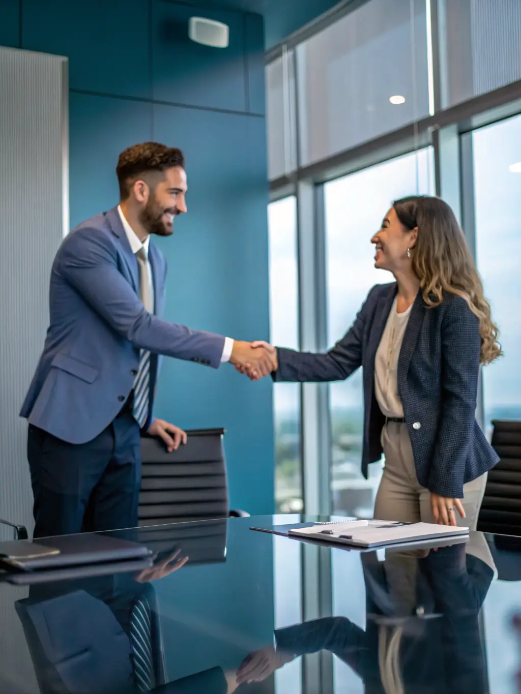 A client shaking hands with a Vista Properties agent, symbolizing trust and satisfaction, with Lake Geneva visible in the background.