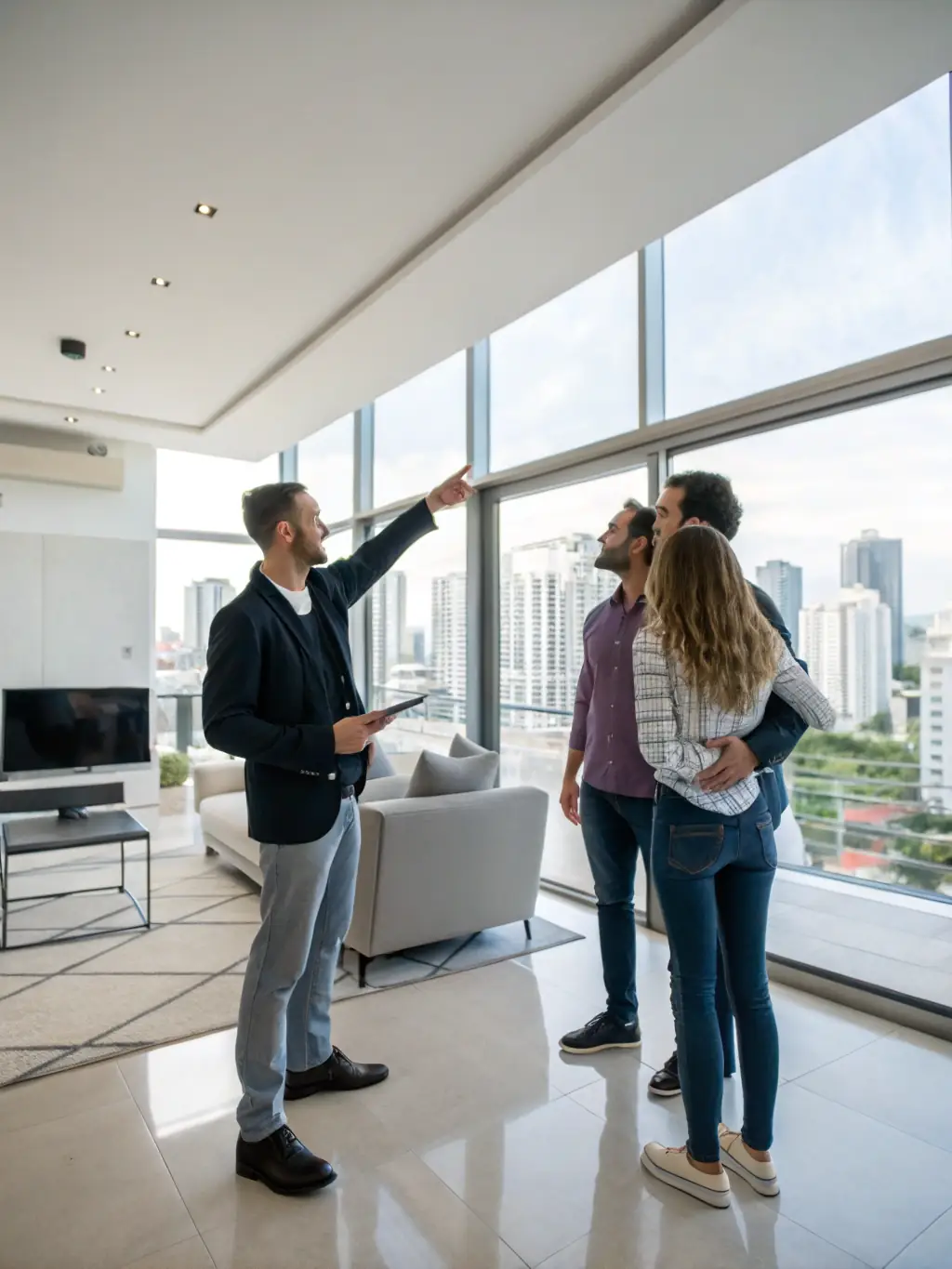 A professional agent showing a client a property in Lausanne, with a cityscape in the background.