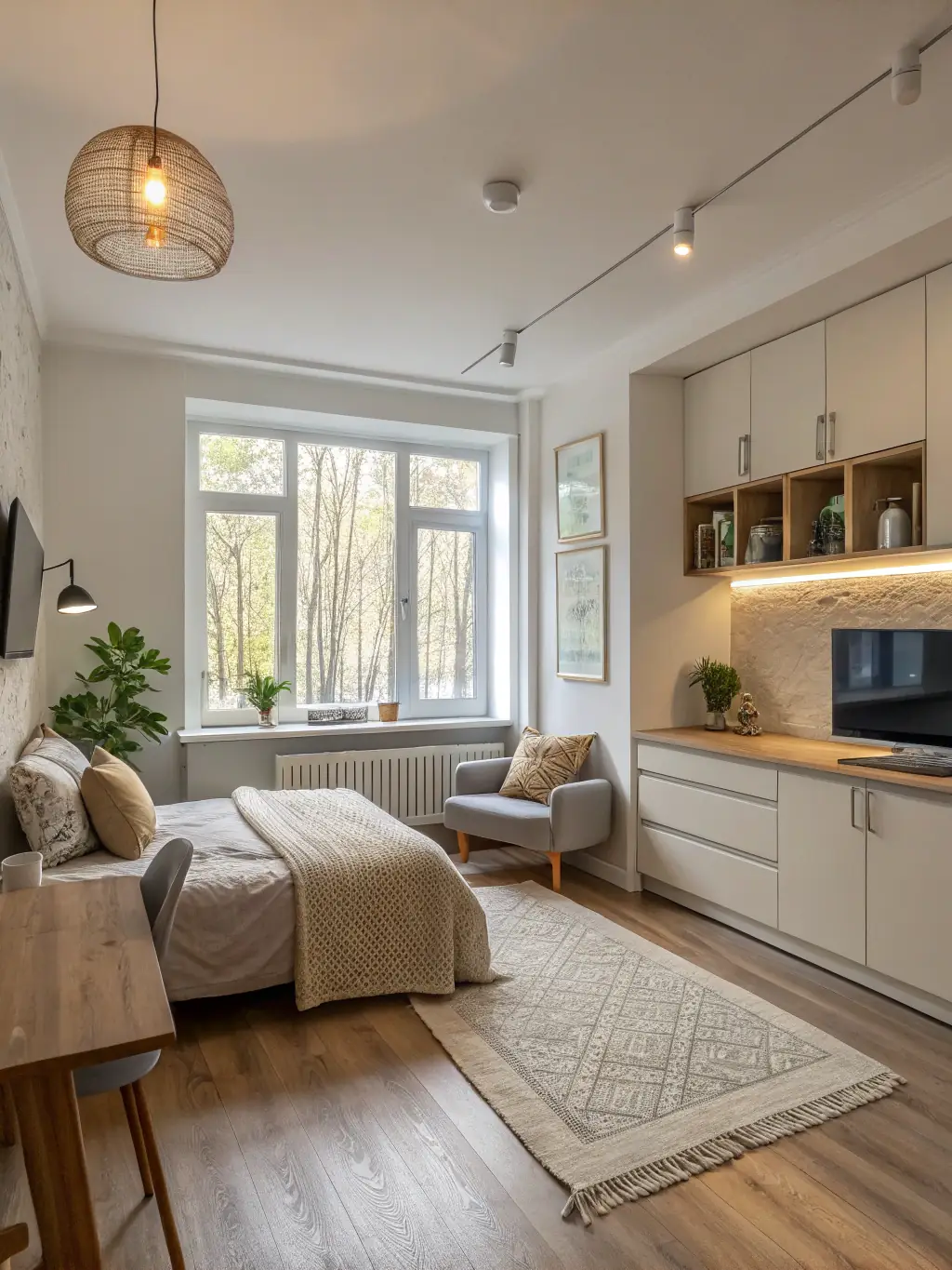 A cozy studio apartment in a central Lausanne location, showcasing its compact yet functional design and convenient access to amenities.