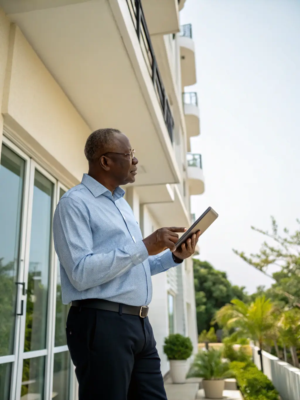 A professional appraiser inspecting a property with a digital tablet, with Lausanne cityscape in the background.