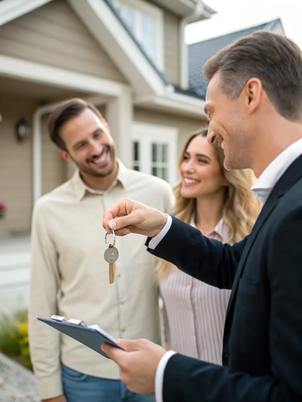 A friendly real estate agent handing over keys to a new homeowner in Lausanne, with a backdrop of the city's skyline.
