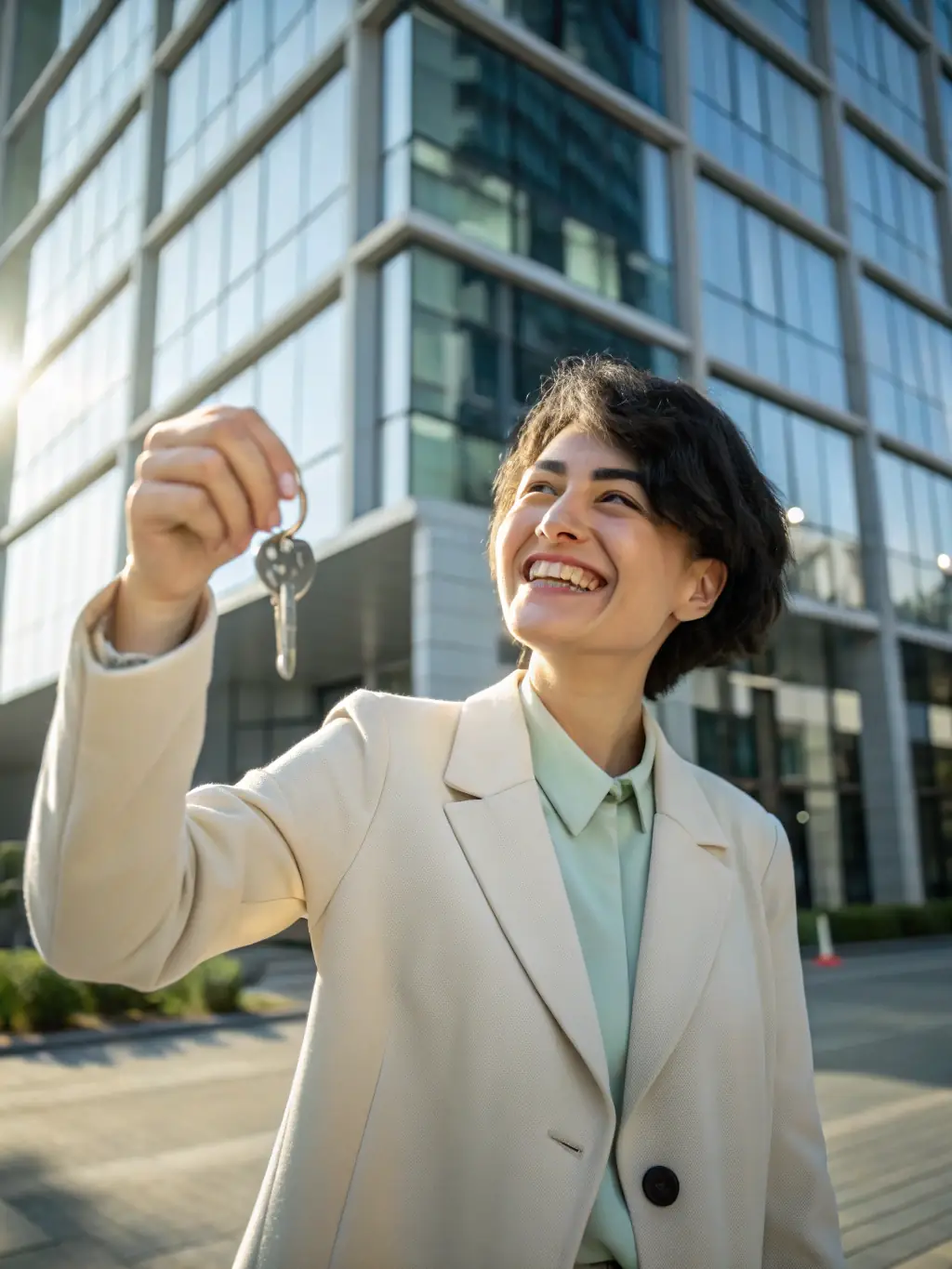 A happy tenant receiving keys to a modern apartment in Lausanne.